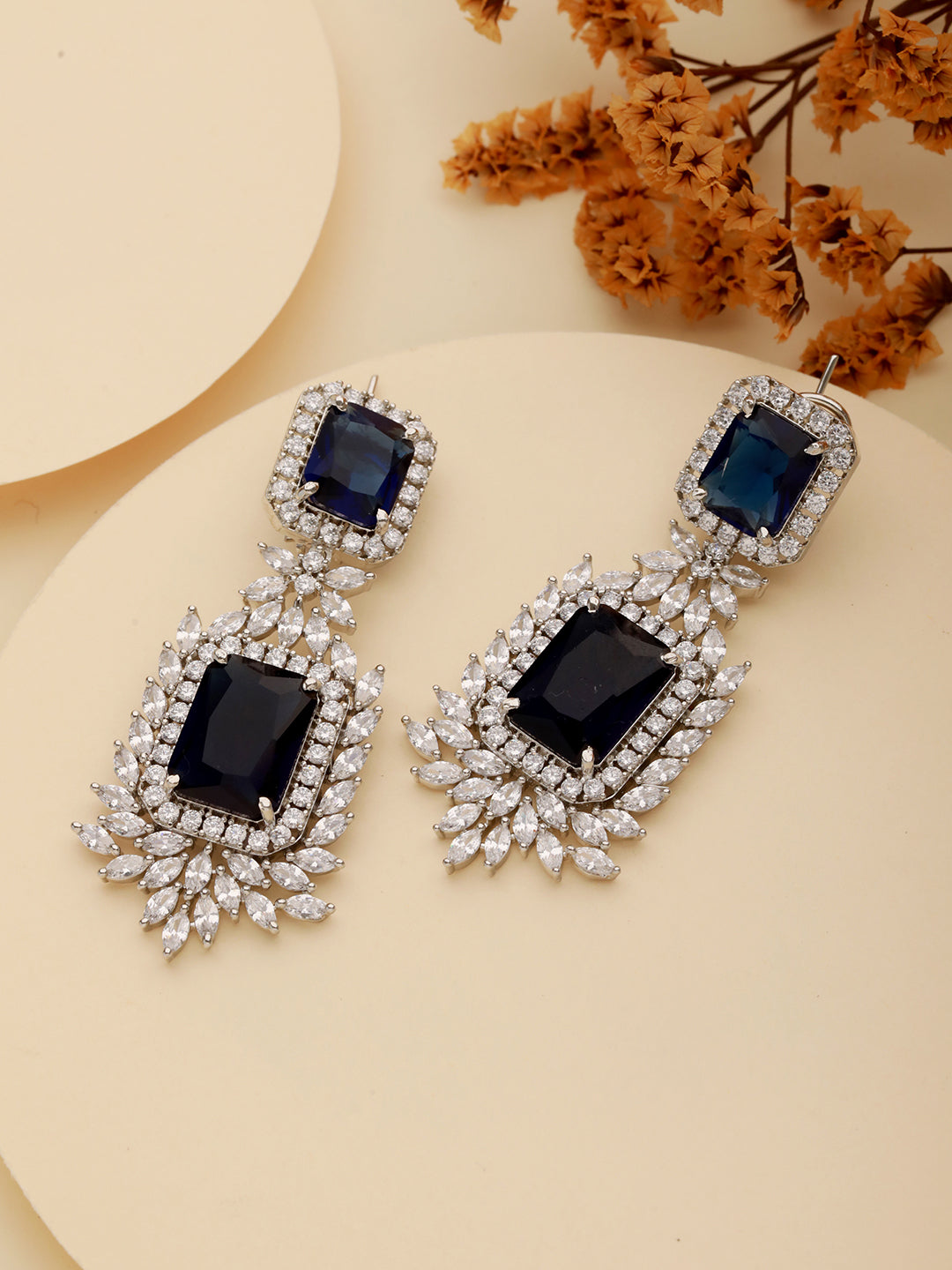Silver Toned Sapphire Blue CZ Studded Luxe Designer Dropdown Clip Earrings